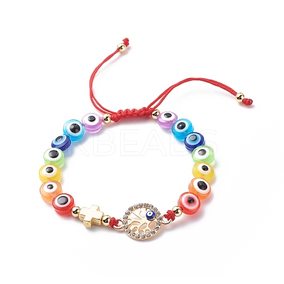 Evil Eye Resin Bead & Eye/Hamsa Hand/Flat Round Alloy Rhinestone Braided Beaded Bracelets for Girl Women BJEW-JB08742-1