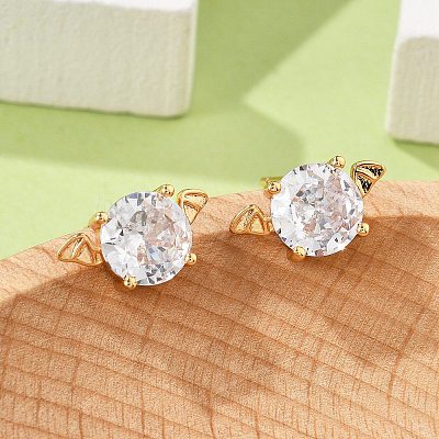 Bat Brass Micro Pave Clear Cubic Zirconia Stud Earrings for Women EJEW-G428-14G-1