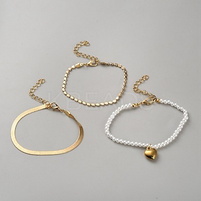 3Pcs 3 Styles Iron Chain Bracelet and Brass Heart Charm Bracelet Set for Women BJEW-WH0012-54-1