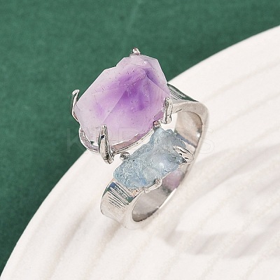 Nuggets Natural Amethyst & Aquamarine Open Cuff Rings RJEW-K286-12P-02-1