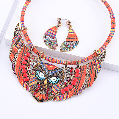 Owl Alloy Rhinestone & Polyester Cord Pendant Necklaces & Stud Dangle Earring Sets FS-WGE12EA-02-1