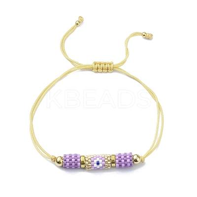 Glass Seed Column with Evil Eye Link Bracelet BJEW-MZ00029-01-1
