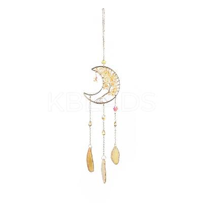 Natural Citrine Chips Beaded Moon Hanging Sun Catchers HJEW-M004-07-1