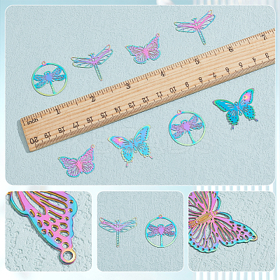 40Pcs 4 Style Ion Plating(IP) 201 Stainless Steel Filigree Pendants STAS-HY0001-34-1