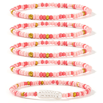 5Pcs Shell & Glass Seed Bead Stretch Bracelet Sets IY4629-2-1