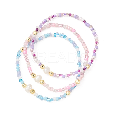 3Pcs 3 Color Natural Pearl & Seed Beaded Stretch Bracelets Set BJEW-JB09437-1