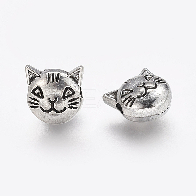 Tibetan Style Antique Silver Cat Head Alloy Beads X-TIBEP-GC178-AS-RS-1