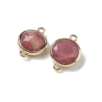 Brass Pave Natural Rhodonite Faceted Flat Round Connector Charms G-U028-04G-12-1