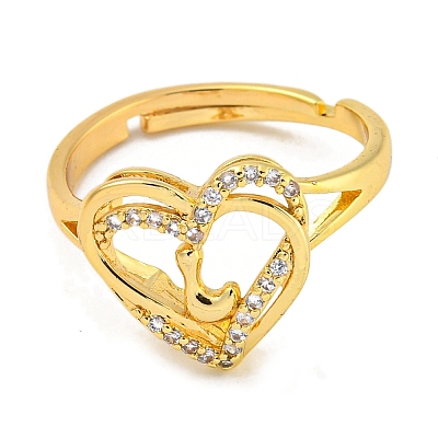 Heart with Letter Rack Plating Brass Micro Pave Clear Cubic Zirconia Adjustable Rings for Women RJEW-I105-01G-L-1