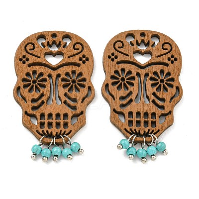 Laser Cut Poplar Wood Pendants Skull Charms with Dyed Synthetic Turquoise FIND-G073-05-1
