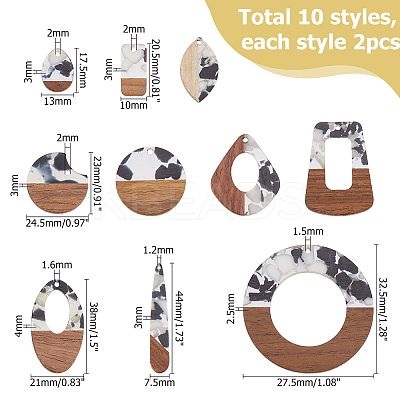 20Pcs 10 Styles Transparent Resin & Walnut Wood Big Pendants RESI-HS0001-01E-1