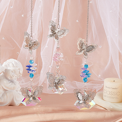 3Pcs 3 Colors Butterfly Glass Pendant Decoration HJEW-SP00010-1