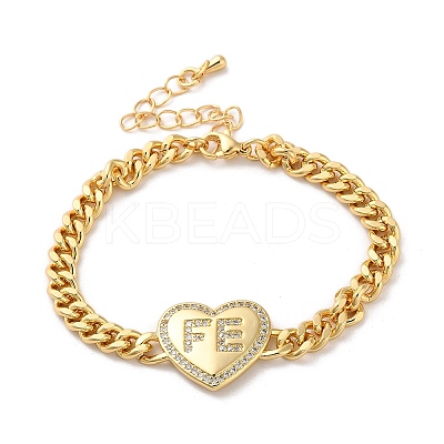Brass Micro Pave Clear Cubic Zirconia Heart Cuban Link Chains Bracelets for Women BJEW-M322-01G-1