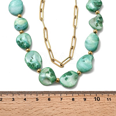 304 Stainless Steel with Dyed Green Natural Shell Nuggets Beaded Double Layer Necklaces for Women LS-NJEW-G181-09G-1
