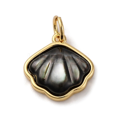 Brass Pave Natural Black Lip Shell Pendants KK-P308-05G-01-1