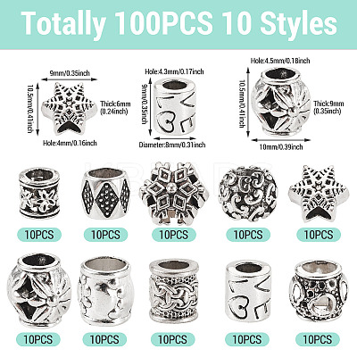 100Pcs 10 Styles Tibetan Style Alloy European Beads FIND-PJ0001-36-1