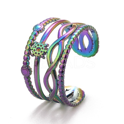 Rainbow Color Ion Plating(IP) 304 Stainless Steel Snowflake Open Cuff Ring for Women RJEW-A005-22MC-1