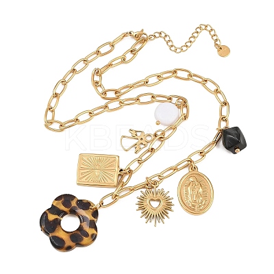 304 Stainless Steel & Resin & Imitation Pearl Multi-Pendant Bib Necklaces for Women SA-CBA717A-03G-01-1