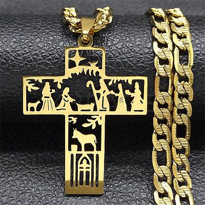 201 Stainless Steel Christian Cross Pendant Cuban Link Chain Necklaces STAS-D196-07G-1