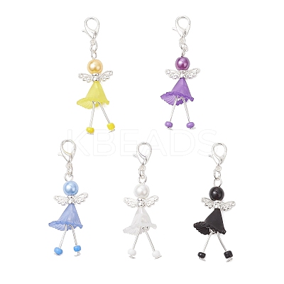 5Pcs Flower Angel Glass Seed & Acrylic Pendant Decorations HJEW-JM03563-01-1