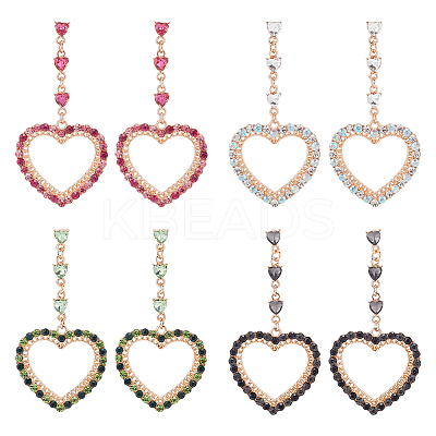 4 Pairs 4 Colors Rhinestone Hollow Heart Dangle Stud Earrings EJEW-AN0004-17-1