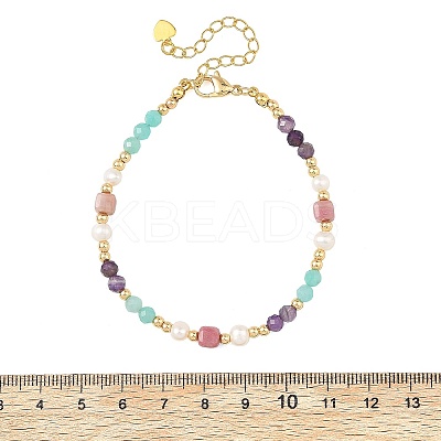 Natural Mixed Gemstone Faceted Round and Cube Beaded Bracelets with Natural Pearl & Brass End Chains BJEW-JB14336-01-1
