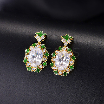 Brass Micro Pave Cubic Zirconia Oval Stud Dangle Earrings for Women TP9450-4-1