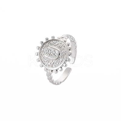 Non-Tarnish 304 Stainless Steel Flat Round with Initial Letter Open Cuff Ring for Men Women RJEW-S405-246P-U-1