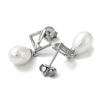 Anti-Tarnish Cubic Zirconia Rhombus with Natural Pearl Dangle Stud Earrings EJEW-F318-19P-1