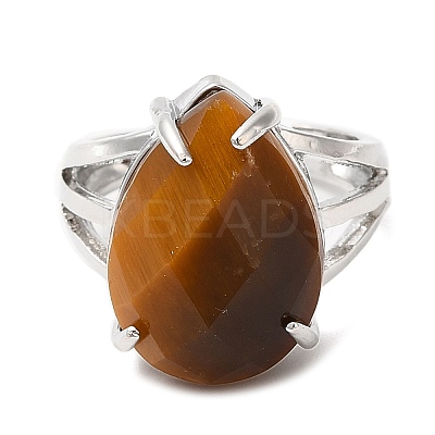 Natural Tiger Eye Teardrop Adjustable Rings RJEW-K241-03P-12-1
