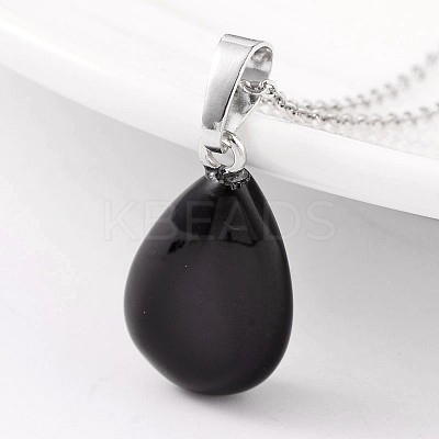 Teardrop Platinum Tone Brass Dyed & Heated Black Agate Pendants G-F267-02E-1