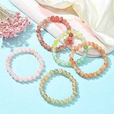 5Pcs 5 Color Crackle Glass Round Beaded Stretch Bracelets Set BJEW-JB09695-02-1