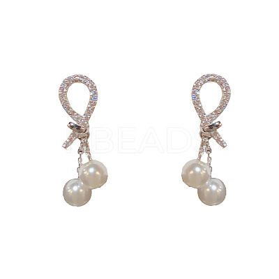 Brass Micro Pave Clear Cubic Zirconia Knot with Round Dangle Stud Earrings FS-WGC5F67-02-1