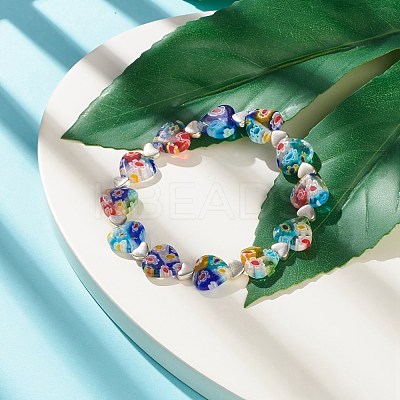 Handmade Millefiori Lampwork & Alloy Heart Beaded Stretch Bracelet BJEW-JB08042-03-1