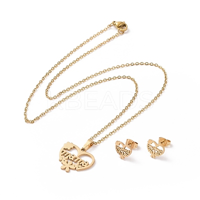 304 Stainless Steel Flower Heart with Word Mama Stud Earrings and Pendant Necklace Set AJEW-B019-09-1