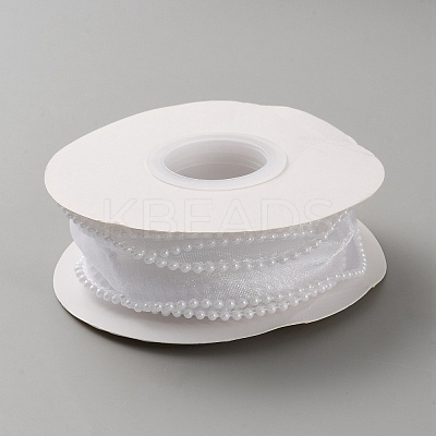 5 Yards Organza Ribbon with Plastic Pearl Beads OCOR-WH0091-58F-1
