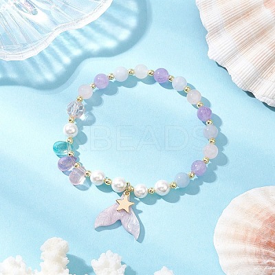 Natural Aquamarine & Rose Quartz & Amethyst Beads Charm Bracelets for Women BJEW-JB11731-1