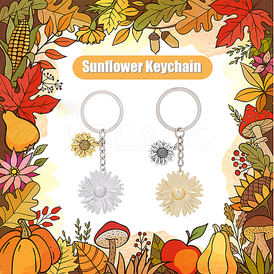 16Pcs 2 Colors Sunflower Alloy Pendant Keychain KEYC-FH0001-34-1