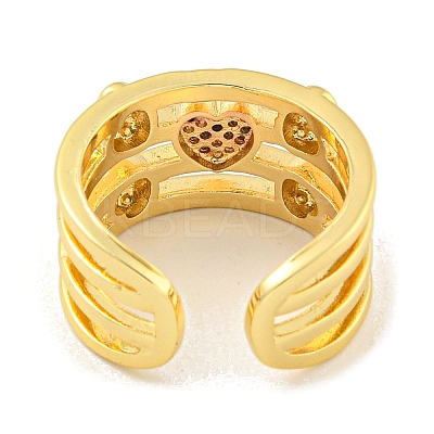 Brass Micro Pave Clear Cubic Zirconia Heart Open Cuff Ring for Women LS-RJEW-M173-09A-G-1