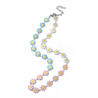 Enamel Daisy Link Chain Necklace NJEW-P220-01P-07-1
