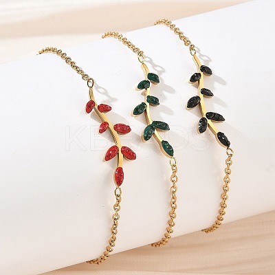 304 Stainless Steel Rhinestone Leaf Link Bracelets SA-CBA5F76-03G-1