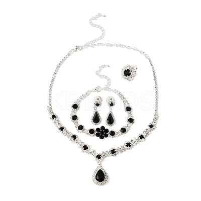 Teardrop Alloy Rhinestone Bracelets & Stud Earrings & Necklaces & Rings Set for Women SJEW-M102-02S-02-1