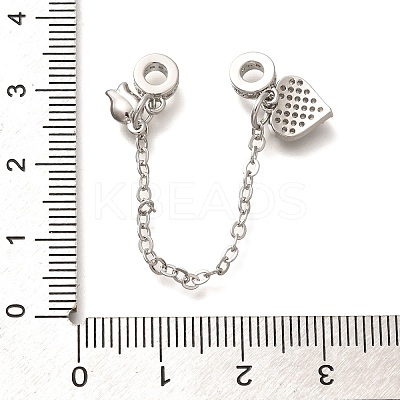 Brass Clear Cubic Zirconia European Safety Chains with Heart & Rose Charms KK-C085-16P-1