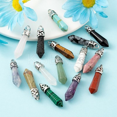 15Pcs 15 Style Natural & Synthetic Gemstone Pointed Pendants G-LS0001-75-1