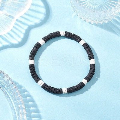 Natural Lava Rock & White Shell Flat Round Beads Stretch Bracelets for Men BJEW-JB12462-01-1
