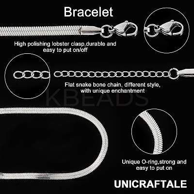 10Pcs 3mm 304 Stainless Steel Flat Snake Dome Herringbone Chain Link Bracelet for Men Women BJEW-UN0001-27-1
