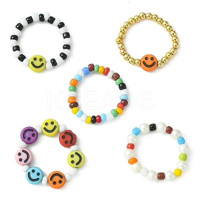 5Pcs 5 Style Smiling Face Acrylic & Glass Seed Stretch Rings Set RJEW-TA00071-1