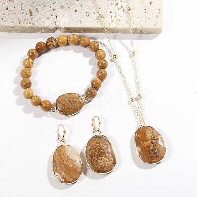 Oval Alloy with Natural Picture Jasper Pendant Necklaces & Beaded Bracelets & Dangle Earrings Sets WGD3DFC-04-1