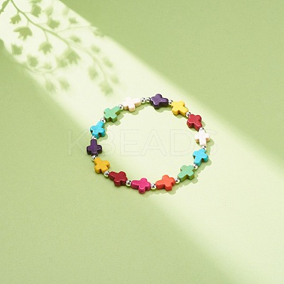 Synthetic Turquoise(Dyed) Cross Beaded Stretch Bracelet BJEW-JB08450-01-1