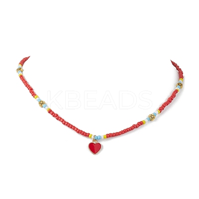 Alloy Enamel Heart Pendant Necklace with Glass Seed Beaded NJEW-JN04641-1